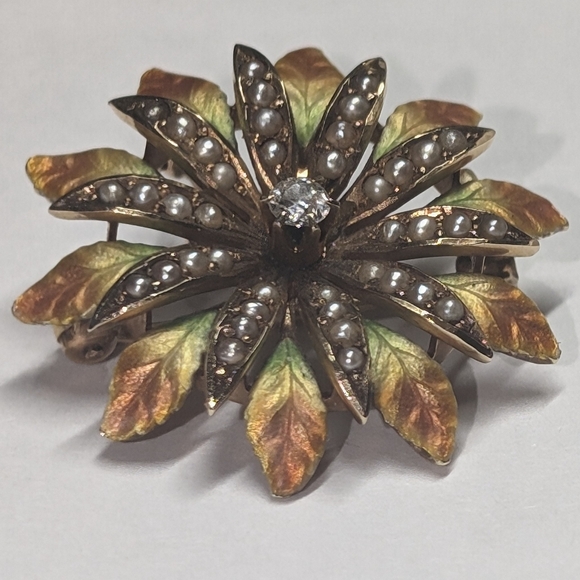 Antique Edwardian 14K Gold Enamel Diamond Seed Pearl Flower Pendant Brooch 1" - Picture 2 of 11